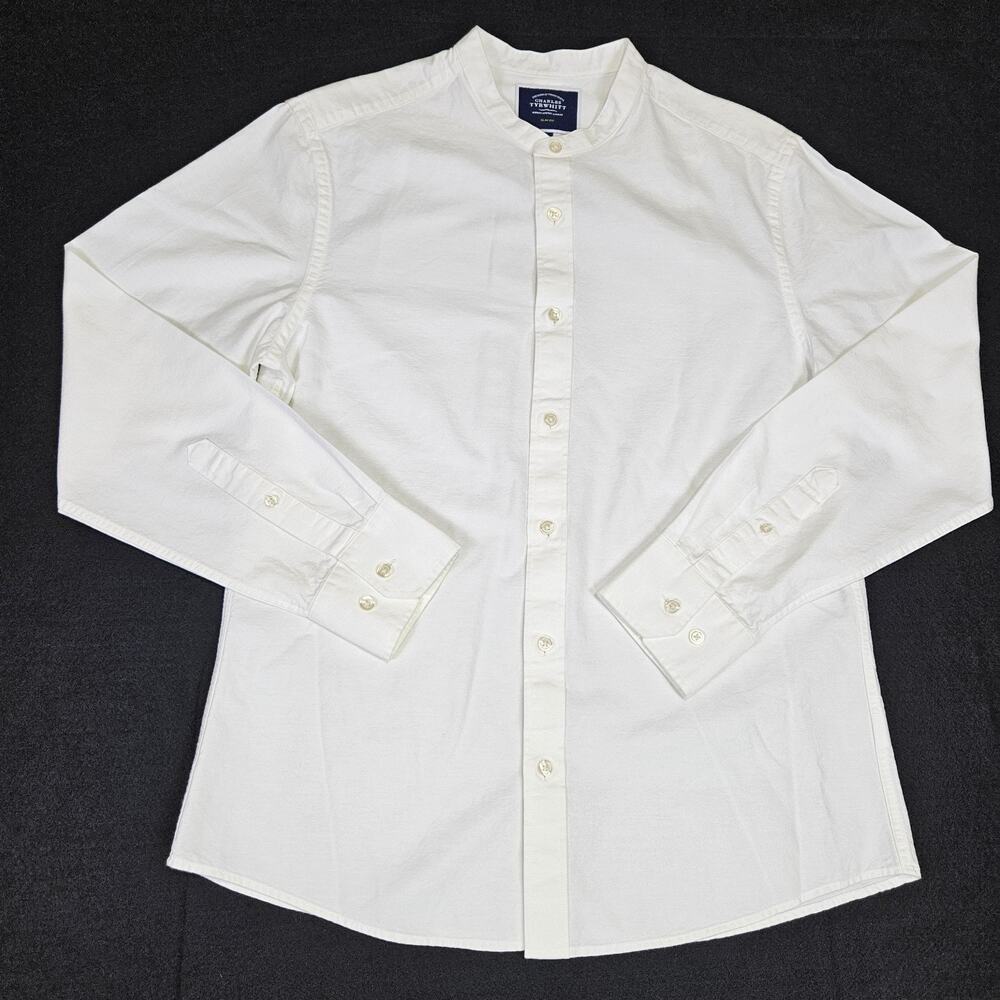 Charles Tyrwhitt Collarless Cotton Linen Shirt Men M Slim Fit White Button Front - Picture 6 of 14